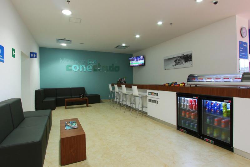 Lobby with snack area and stading height front desk