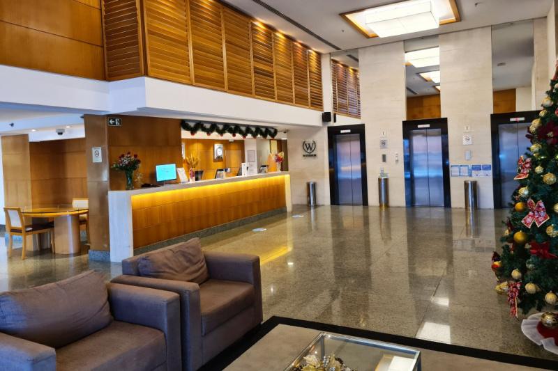 Hotel lobby and elevators