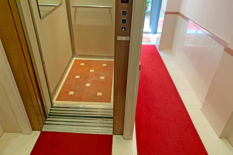 Step free ramped pathway leads to elevator with grab bars