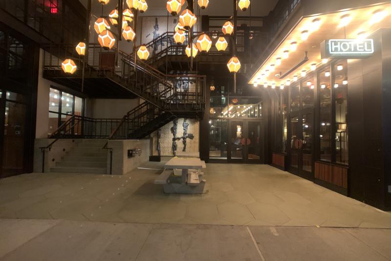 Hotel entrance with geometric lanterns
