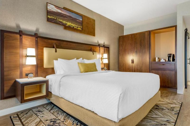 An accessible guest room with smooth floors, a large rug, a double bed, bedside tables and a closet.