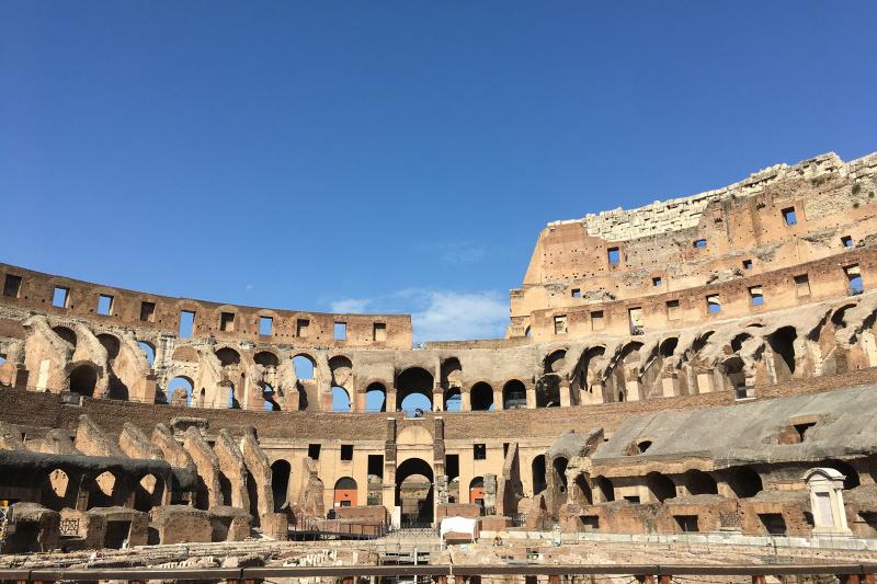 View of the Colosseum, an oval amphitheatre in the centre of Rome