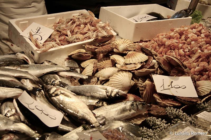 Rialto market display with fresh seafood and shells